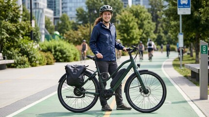 Obraz premium Young woman in raincoat with helmet standing with touring bicycle on scenic urban cycling path during daylight hours.