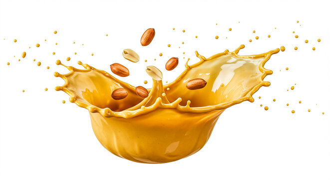 Dynamic splash of creamy peanut butter sauce with peanuts flying, isolated on white background.
