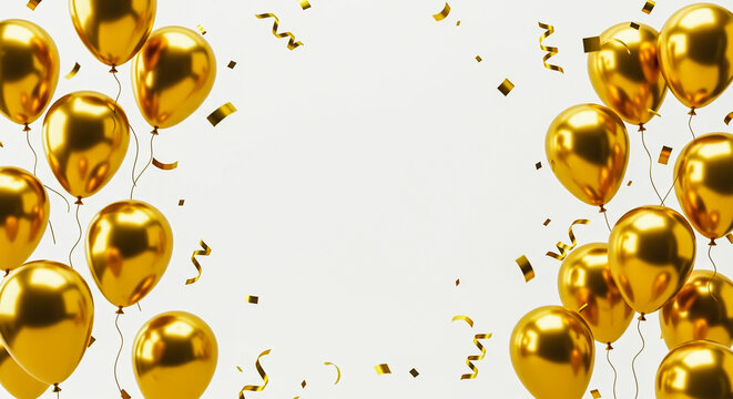Gold Balloons and Confetti Celebration Frame on White Background.