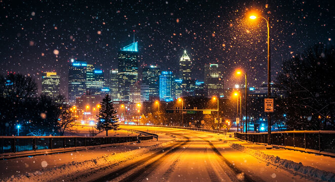 Dramatic winter snowstorm blankets Atlanta, Georgia, with glowing orange streetlights illuminating the snowy interstate overpass towards the brightly lit downtown skyline.