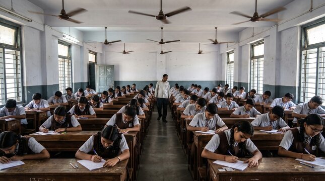 indian school students writing exam in vintage classroom with ceiling fans and natural light