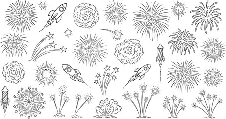 Set of hand drawn firework doodles and celebratory rockets © MDMizanur