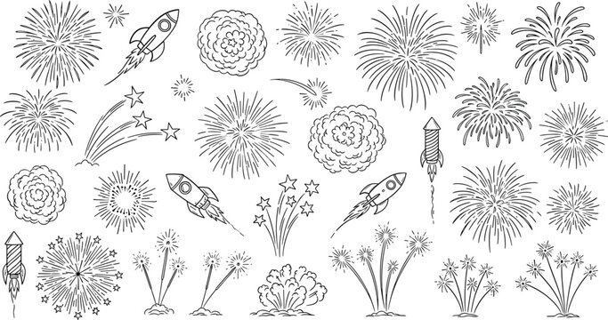 Set of hand drawn firework doodles and celebratory rockets