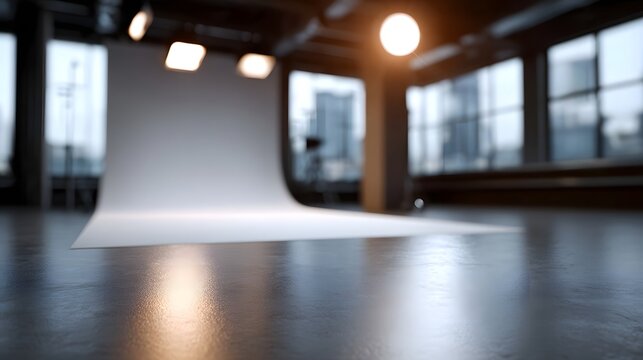 A clean modern studio space featuring a bright blank backdrop and highly reflective polished floor under dramatic lighting