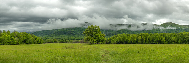 Obraz premium Rain Clouds Gather Over An Open Field In Cades Cove