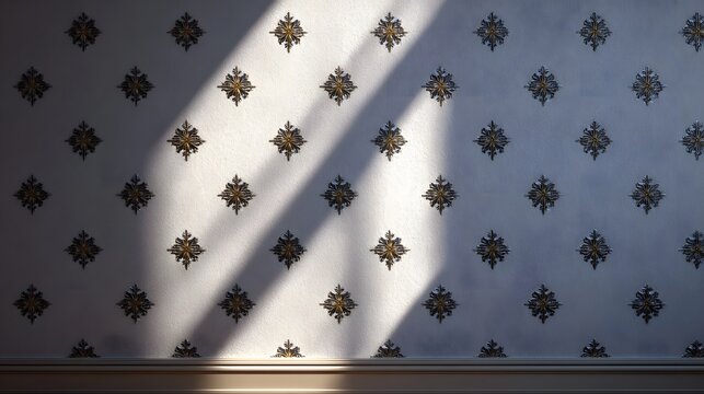 Dramatic interplay of natural light and sharp shadows across an ornate geometrically patterned interior wall
