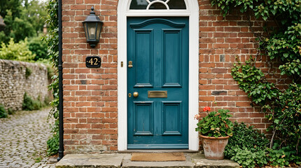 Fototapeta premium Blue door on brick house entrance surrounded by greenery. Concept of home design, welcoming atmosphere, or residential architecture. Useful for real estate and interior design articles.