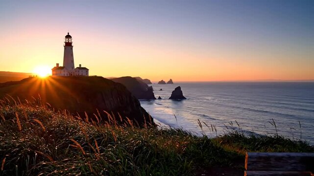 Coastal lighthouse at sunset with sun rays, calm ocean and peaceful nature scenery in golden hour light