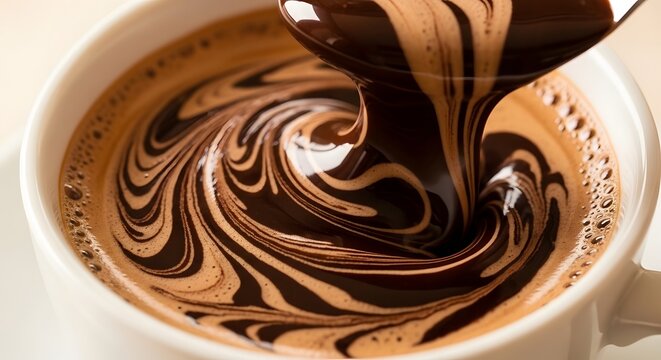 Thick dark chocolate syrup being poured into a white cup of coffee creating swirling patterns of brown and black liquid