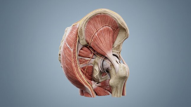 Sciatic nerve illustration with hip muscles and skeletal structure.