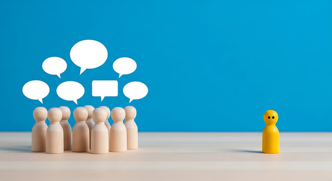 Wooden figures represent group communication and collective thought, with a single yellow figure standing apart, symbolizing a dissenting opinion, unique perspective, or social isolation