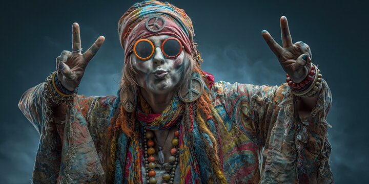 Colorful zombie in hippie clothing is dancing 