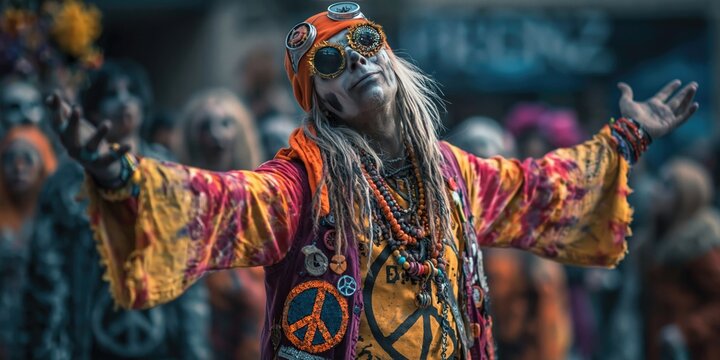 Colorful zombie in hippie clothing is dancing 