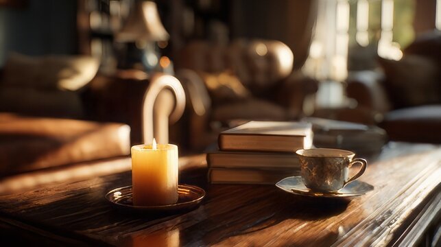 Cozy, quiet scene featuring a stack of three books on a wooden table, illuminated by a nearby lit candle in a small holder.