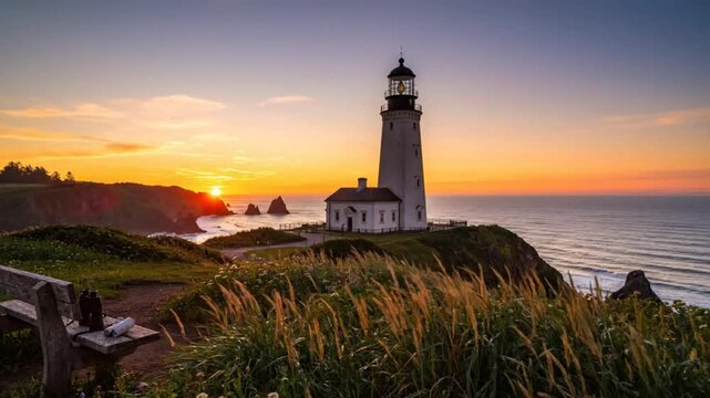 Coastal sunset view of the lighthouse at the top of a cliff overlooking the ocean with bench