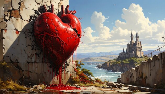 A large, red heart bursts through a weathered stone wall, with blood spilling. A distant castle overlooks a body of water
