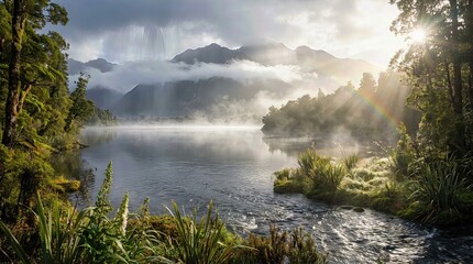 Fototapeta premium Lake displaying sunlight, vapor ascending from calm water, distant mountain covered by cloud, lush woodland, thick foliage, flowing river, delicate rainbow, pristine landscape