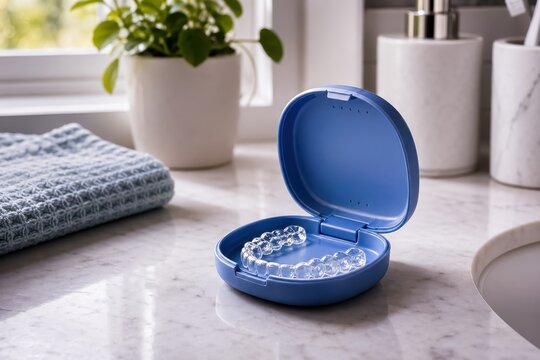 Clear aligners in a blue case on a bathroom counter for dental care and oral health.