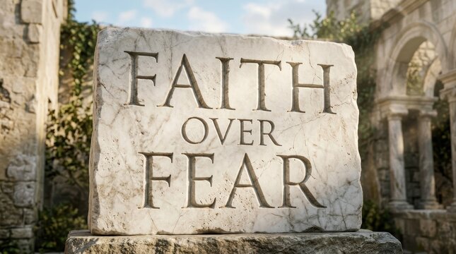 Highly detailed 3D typography 'Faith over Fear', carved marble letters with subtle cracks and texture, soft sunlight rays hitting the surface