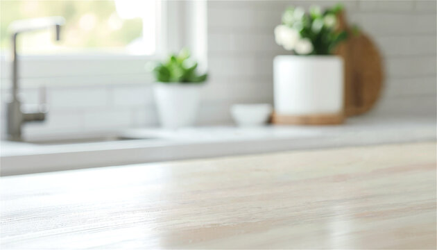blurred kitchen interior with wooden countertop and copy space. Bright home background for food display or culinary presentation. Modern house design with natural light and plants