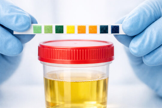 scientist holding ph test strip over urine sample cup. Medical urinalysis laboratory testing for health diagnosis. Clinical diagnostics research for disease screening and patient care