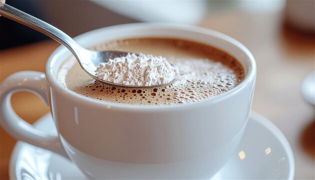 spoon adding white powder into cup of hot coffee. Preparation of morning beverage with nutritional supplement or creamer. Healthy lifestyle routine and culinary process at home kitchen.