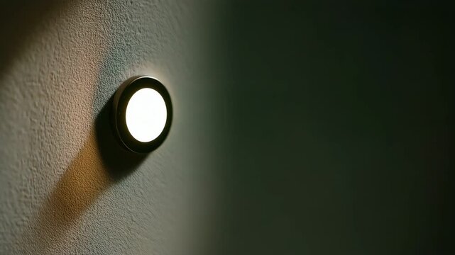 One person finger pressing a conceptual round glowing bright wall switch.