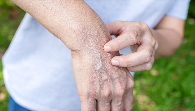 woman scratching dry itchy skin on hand and wrist. Person suffering from dermatitis, eczema or allergic reaction. Healthcare concept for dermatology treatment and skincare irritation