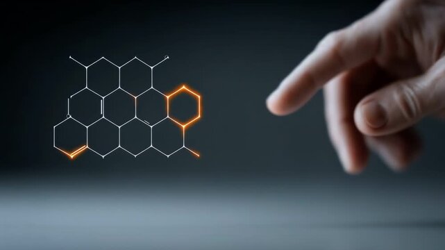 One person finger touching a bright glowing conceptual hexagonal molecule.