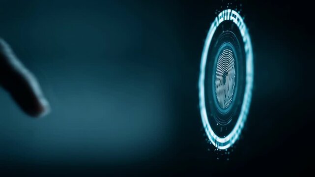 One person textured finger pressing a glowing digital fingerprint.
