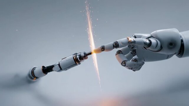 Zero people robotic hand pointing at a conceptual glowing digital circle.