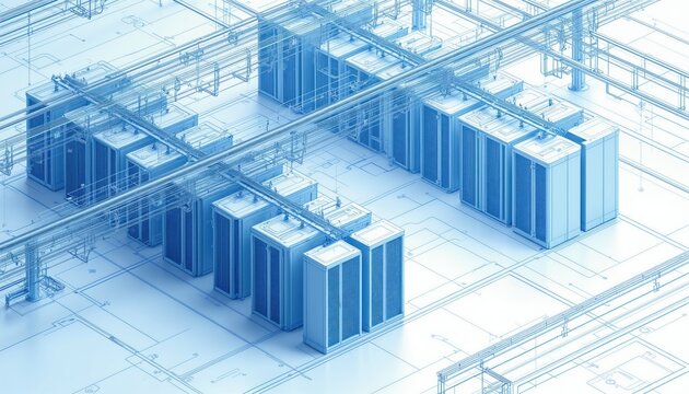 Modern data center blueprint view. Rows of server racks with cooling pipes and wiring on a schematic grid. Digital infrastructure design plan with detailed components and connectivity.
