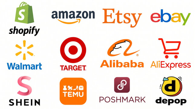 E-commerce logo collection featuring Amazon, Shopify, Etsy, eBay, Walmart, Target, Alibaba, AliExpress, Shein, Temu, Poshmark, and Depop icons for online retail business and shopping apps.