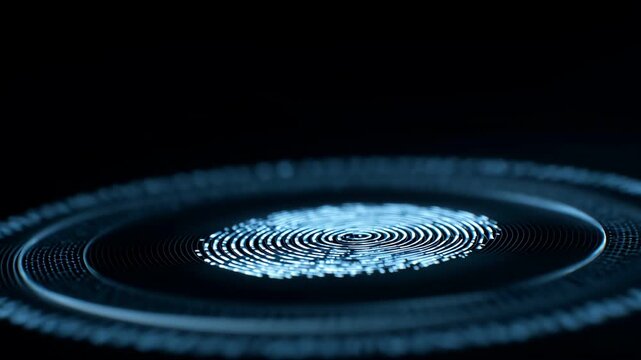 One person finger pressing a conceptual bright glowing digital fingerprint.