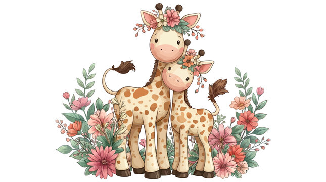 Cute giraffes with flowers on head standing together surrounded by floral wreath