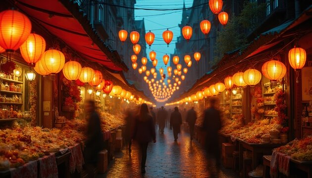 Street market with hanging lanterns at dusk. Stalls display goods. People walk along the illuminated lane. City evening atmosphere. Outdoor bazaar shopping scene.