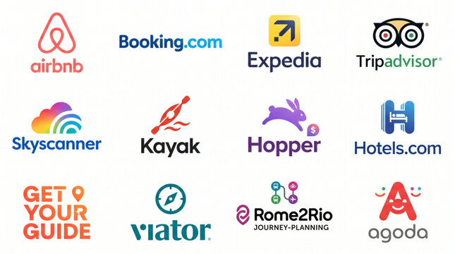 Airbnb, Booking.com, Expedia, Tripadvisor logo icon, Skyscanner, Kayak, Hopper, Hotels.com, GetYourGuide, Viator, Rome2Rio, Agoda 2025 popular travel app logo set. Travel booking icons colle