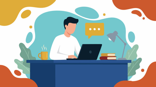 Man working on laptop at home office desk, remote work illustration
