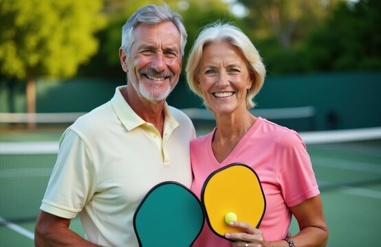 Smiling senior couple with pickleball paddles stands on court after playing. Happy older man and woman enjoy healthy active sport together. They are partners outside.