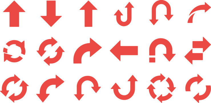 Collection of red arrows showing direction direction directional movement circular and curved paths.