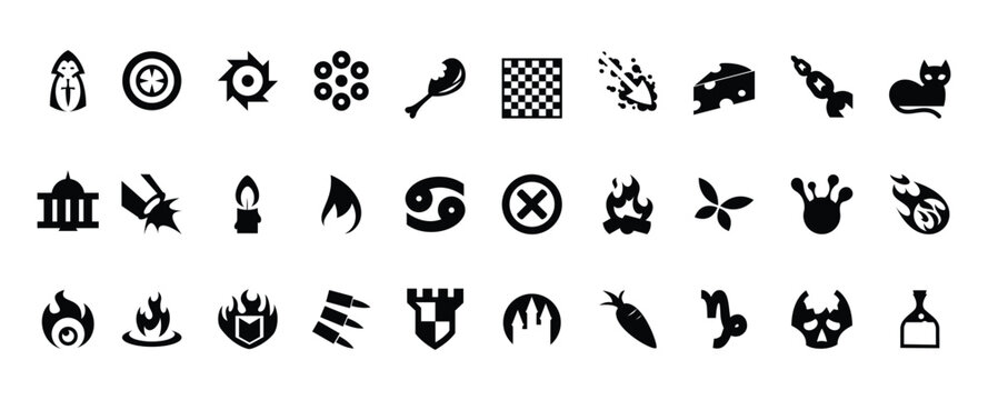 fantasy game icon vector collection with mystical symbols, elemental signs, weapons, monsters, magic emblems and rpg interface design elements