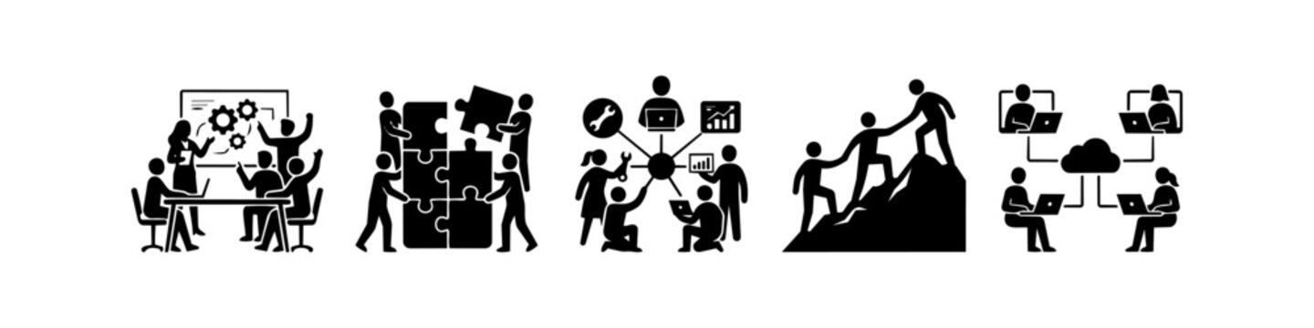 Business collaboration icons representing teamwork, problem solving, leadership, technical support, and remote work connection in a black and white vector silhouette style.