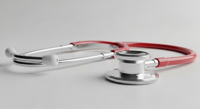 A red stethoscope with silver metal parts on a light gray surface for medical purposes