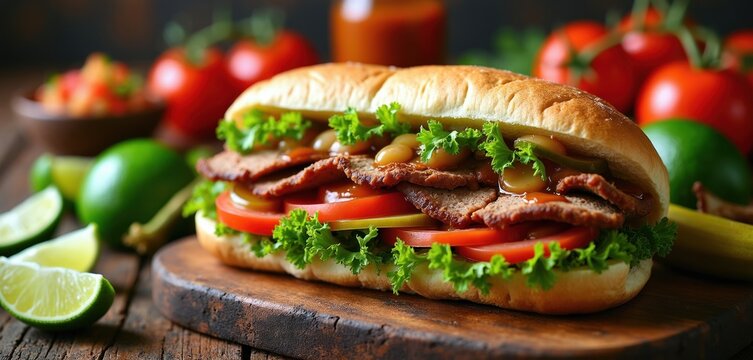 Juicy meat torta sandwich with lettuce tomato beans and sauce. Fresh lime and tomatoes surround this tasty latin american street food. Delicious sandwich is ready to eat. Close up shot.