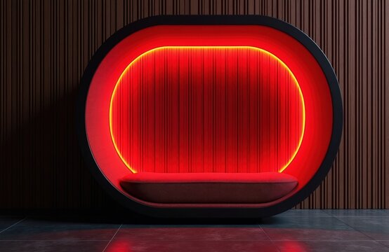 Futuristic red lounge pod with warm lighting. Modern egg-shaped seat offers private relaxation space. Minimalist interior design for spa or wellness center.