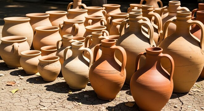 Many handmade terracotta clay amphorae jugs arranged in outdoor workshop under bright natural sunlight in rural traditional pottery studio setting