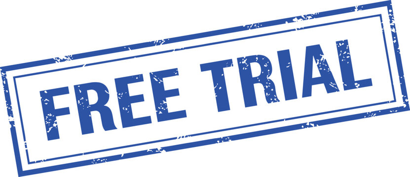 Blue rectangular stamp with text free trial, promoting a no-cost introductory offer