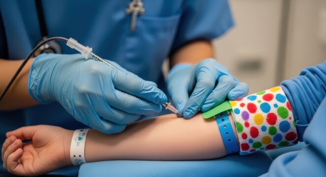 Medical professional preparing to take blood sample from patients arm in hospital setting