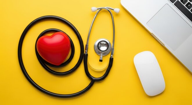 Medical equipment with stethoscope and red heart on yellow background with laptop