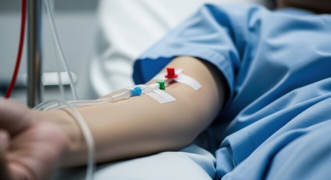 Closeup of a patients arm with an iv drip in a hospital setting for medical treatment